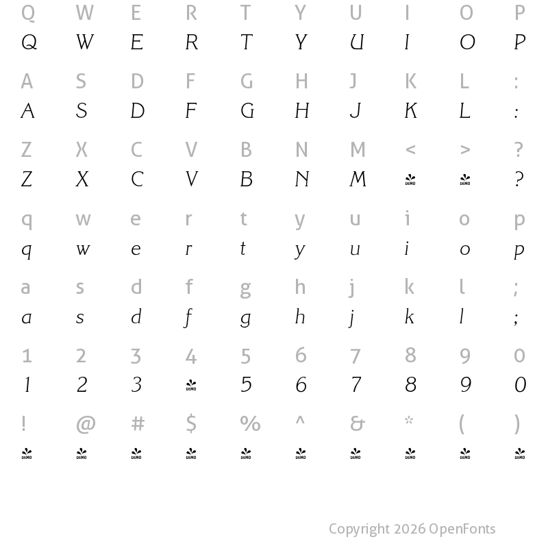 Character Map of FONTSPRING DEMO - Korinth Serial Xlight Italic