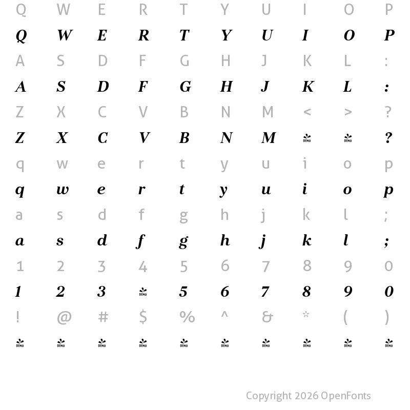 Character Map of FONTSPRING DEMO - KosticSerif Bold Italic