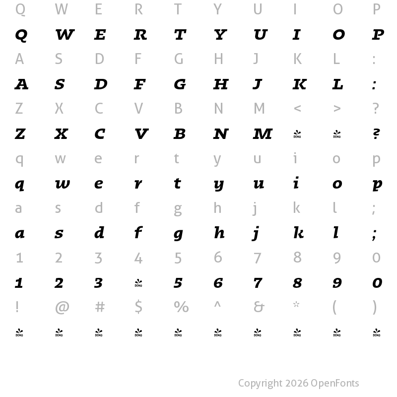 Character Map of FONTSPRING DEMO - Kotto Slab Bold Italic