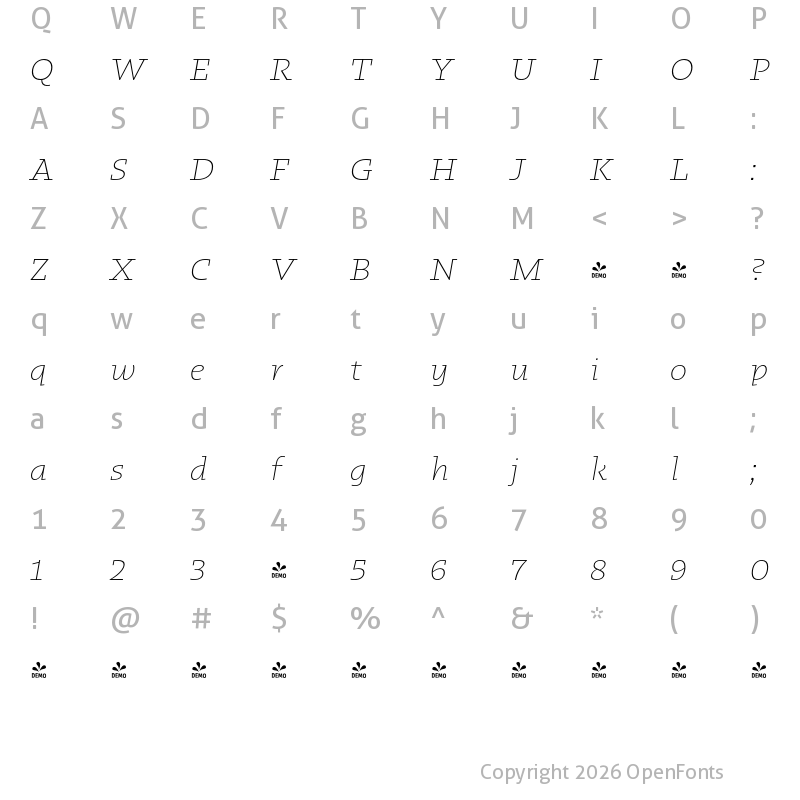 Character Map of FONTSPRING DEMO - Kotto Slab ExtraLight Italic