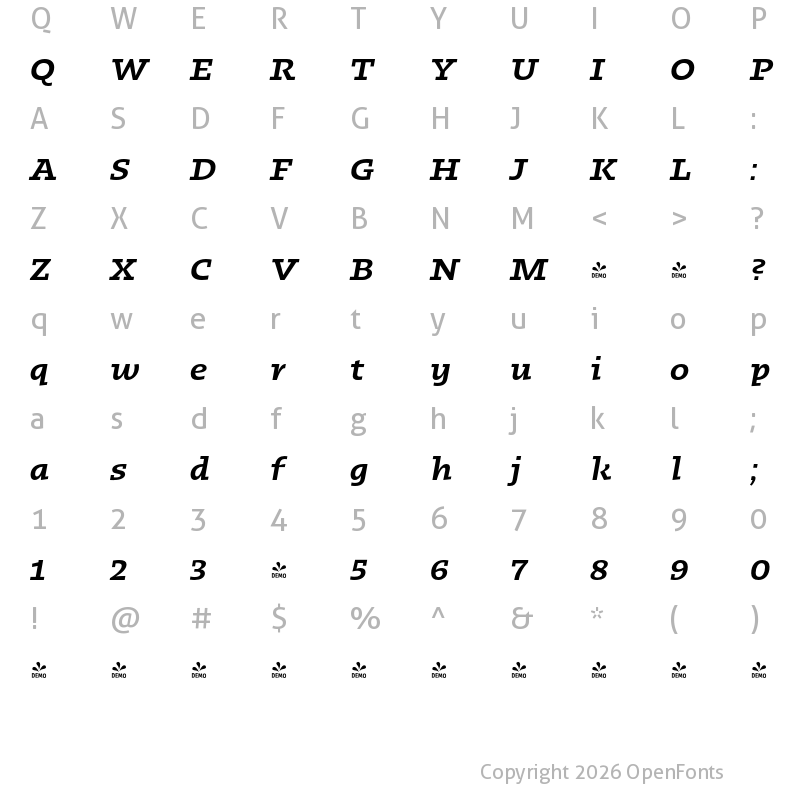 Character Map of FONTSPRING DEMO - Kotto Slab SemiBold Italic