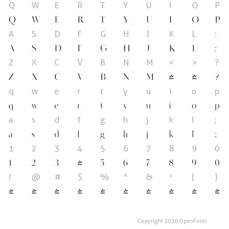 Character Map of FONTSPRING DEMO - Kudry Classic Display Regular