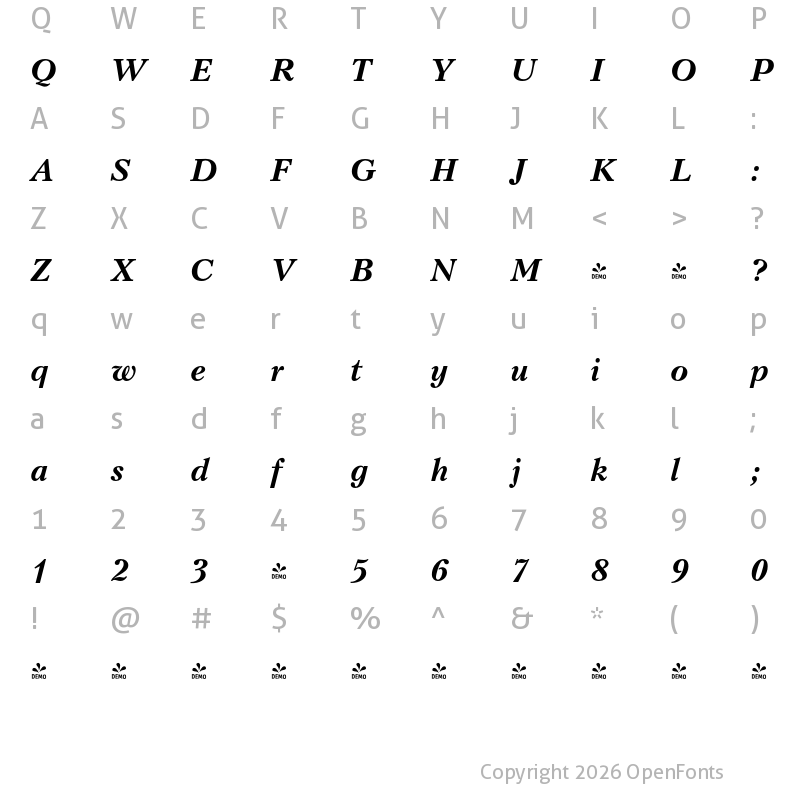 Character Map of FONTSPRING DEMO - Kudryashev Bold Italic