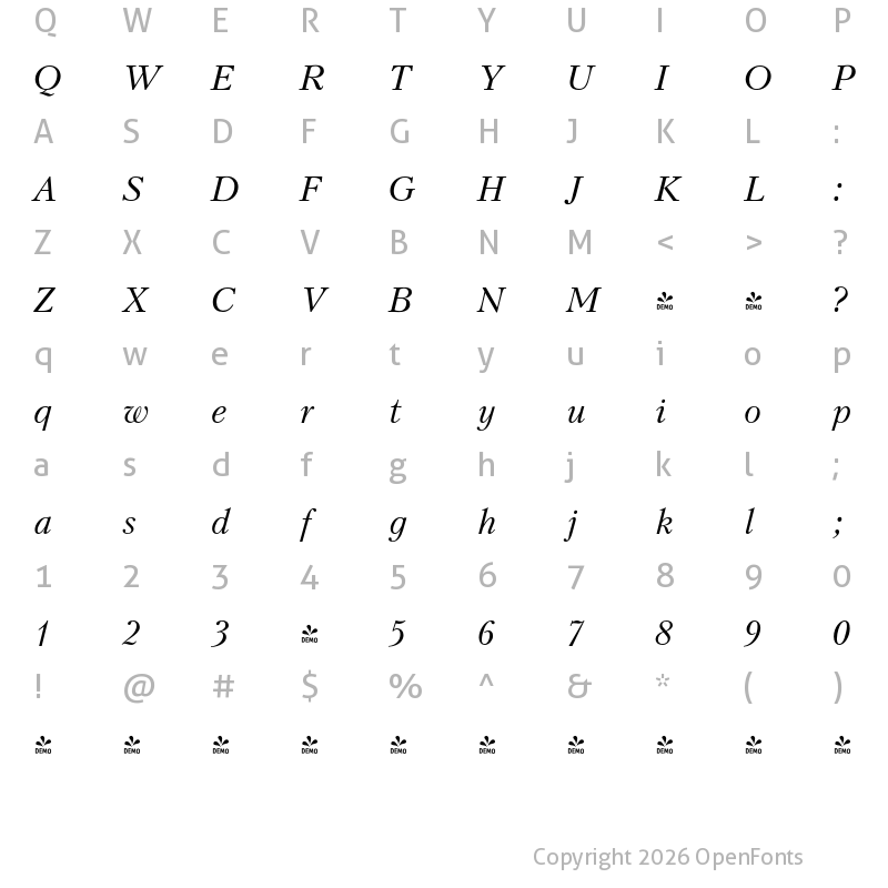 Character Map of FONTSPRING DEMO - Kudryashev Italic
