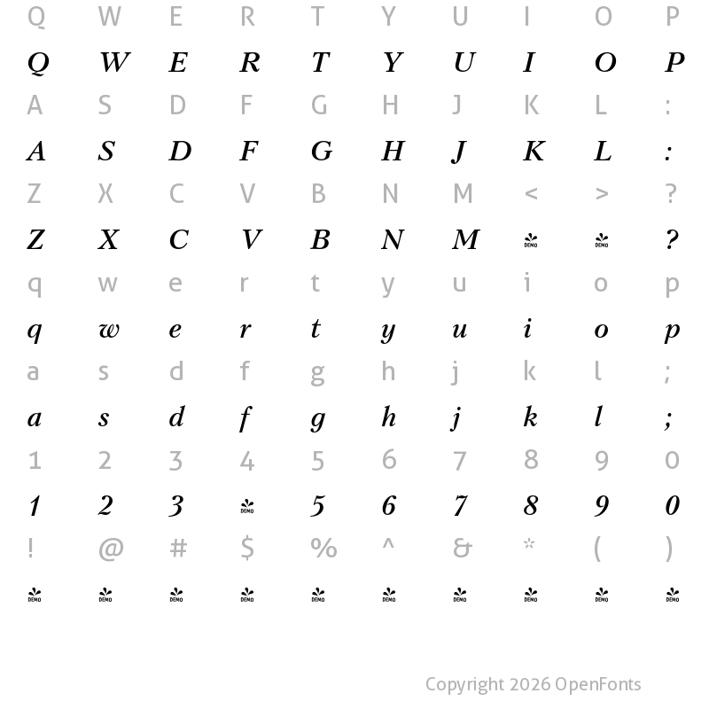 Character Map of FONTSPRING DEMO - Kudryashev Semibold Italic
