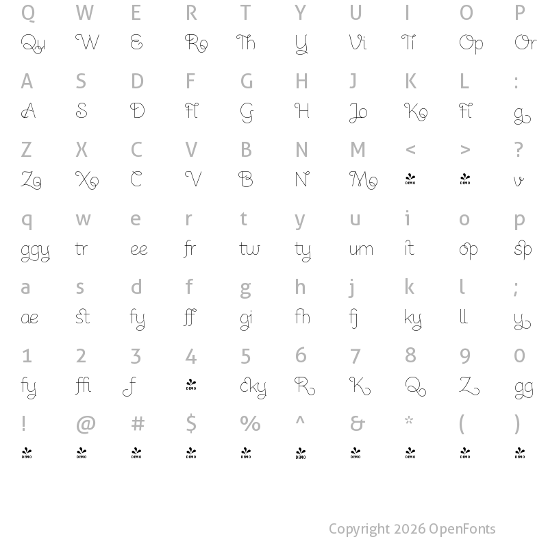 Character Map of FONTSPRING DEMO - Kushtie Ligatures Regular