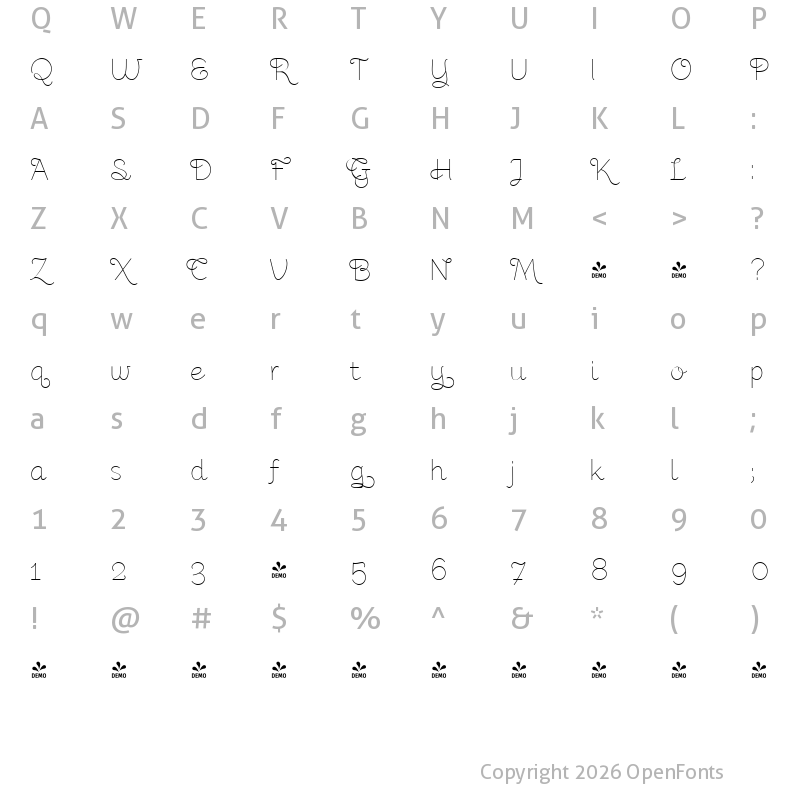 Character Map of FONTSPRING DEMO - Kushtie Script Regular
