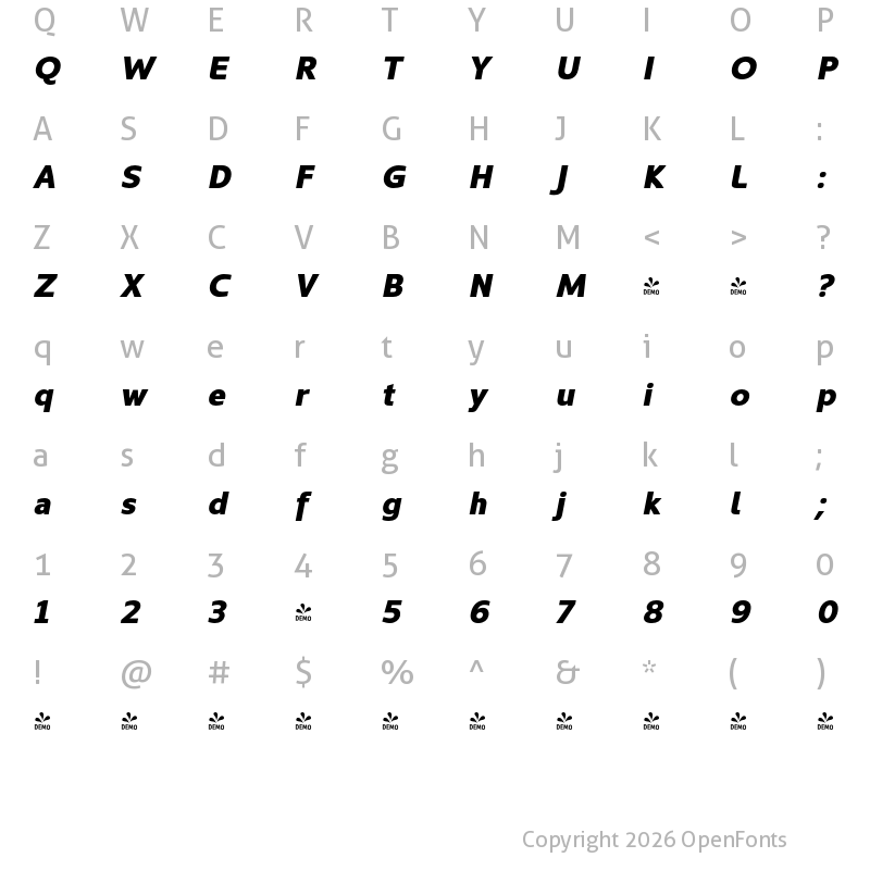 Character Map of FONTSPRING DEMO - Kyrial Sans Pro Black Italic