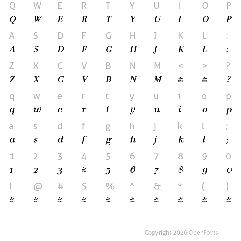 Character Map of FONTSPRING DEMO - LaBodoni MediumItalic