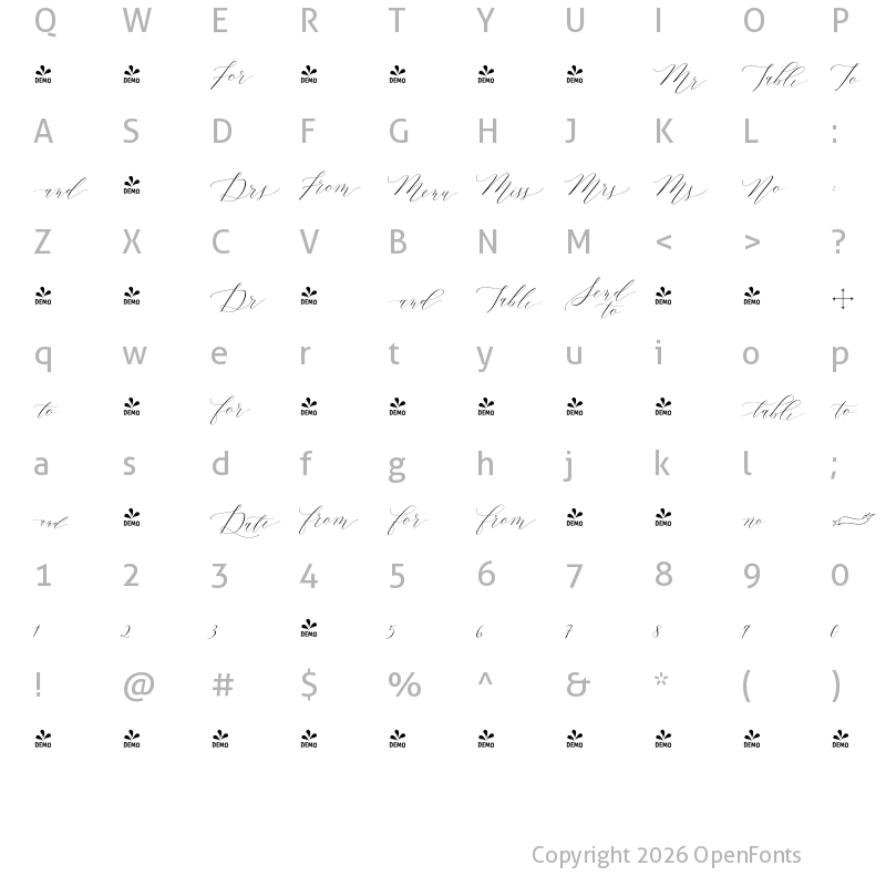 Character Map of FONTSPRING DEMO - Lady Slippers Ornaments Regular