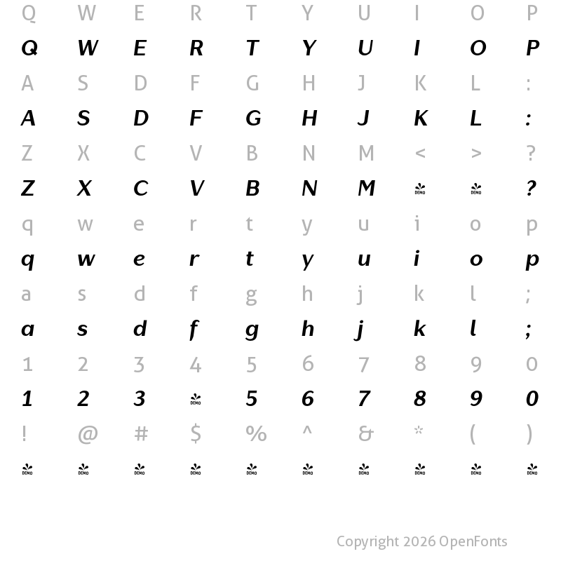 Character Map of FONTSPRING DEMO - Lagu Sans Bold Italic