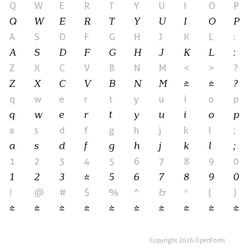Character Map of FONTSPRING DEMO - Lagu Serif Italic