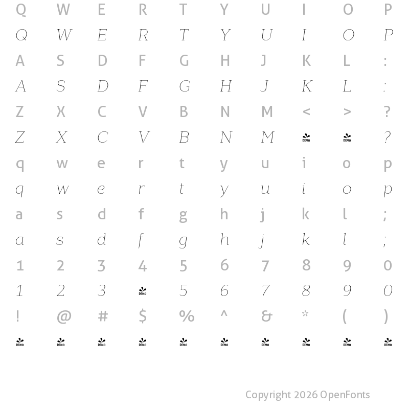 Character Map of FONTSPRING DEMO - Lagu Serif Thin Italic