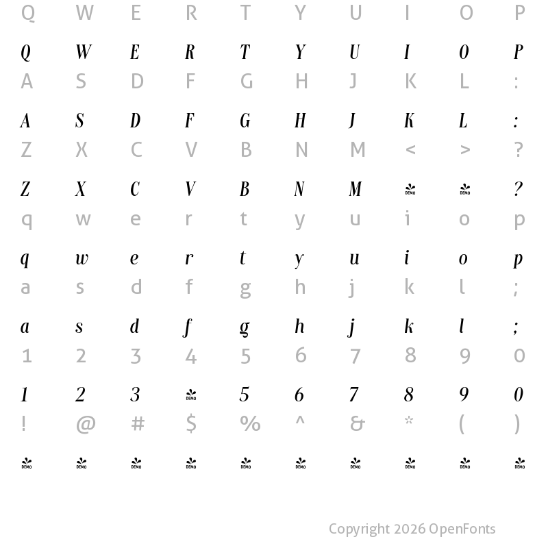 Character Map of FONTSPRING DEMO - Lakone Italic