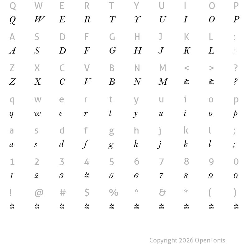 Character Map of FONTSPRING DEMO - Lanston Bell Italic