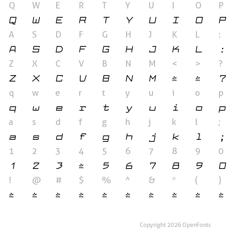 Character Map of FONTSPRING DEMO - Larabiefont Ex Bold Italic