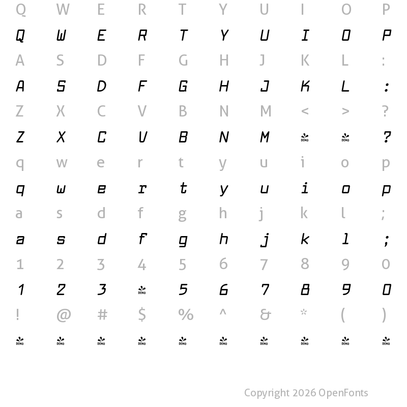Character Map of FONTSPRING DEMO - Larabiefont Rg Bold Italic