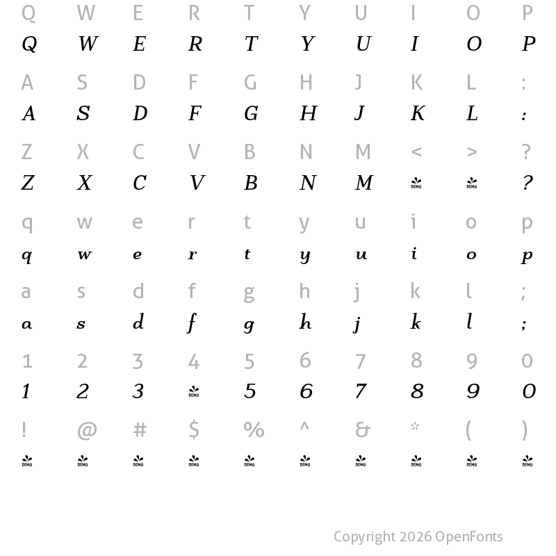 Character Map of FONTSPRING DEMO - Lasta Bold Italic Regular