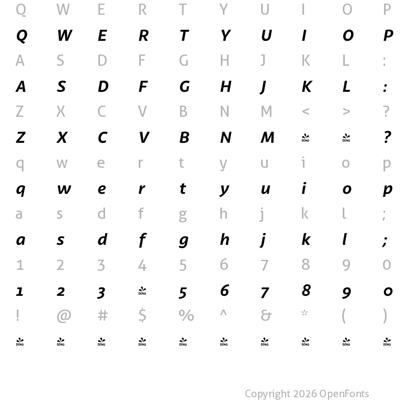 Character Map of FONTSPRING DEMO - Latina Bold It Regular