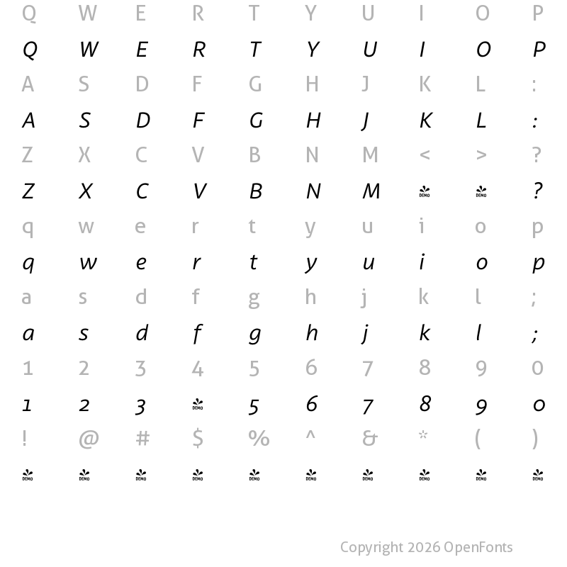 Character Map of FONTSPRING DEMO - Latina It Regular
