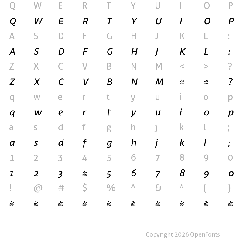 Character Map of FONTSPRING DEMO - Latina Medium It Regular