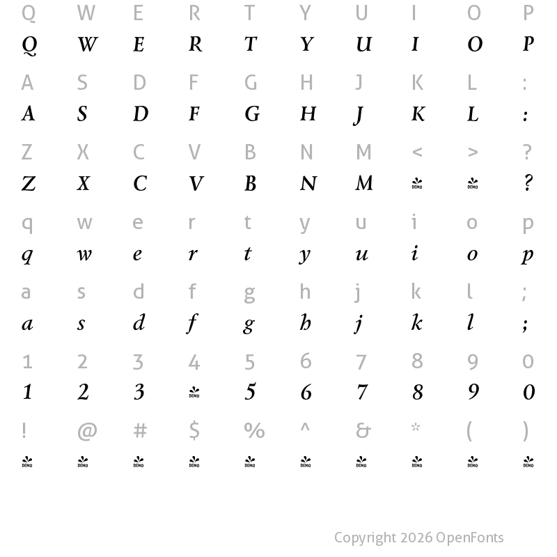 Character Map of FONTSPRING DEMO - Lazurski Bold Italic