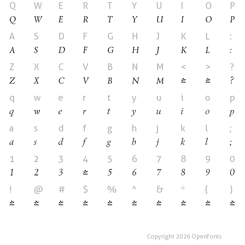 Character Map of FONTSPRING DEMO - Lazurski Italic