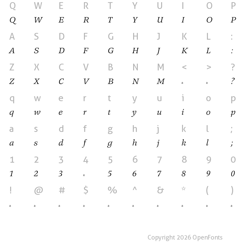 Character Map of FONTSPRING DEMO - Legit Serif Soft Light Italic