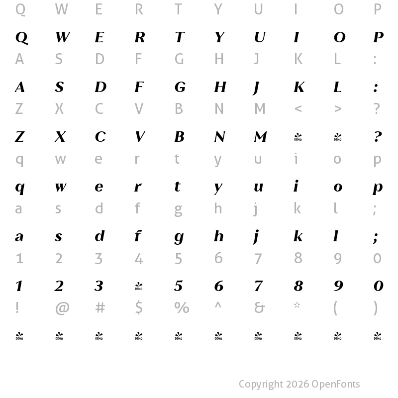 Character Map of FONTSPRING DEMO - Leifa Extra Bold Italic Regular