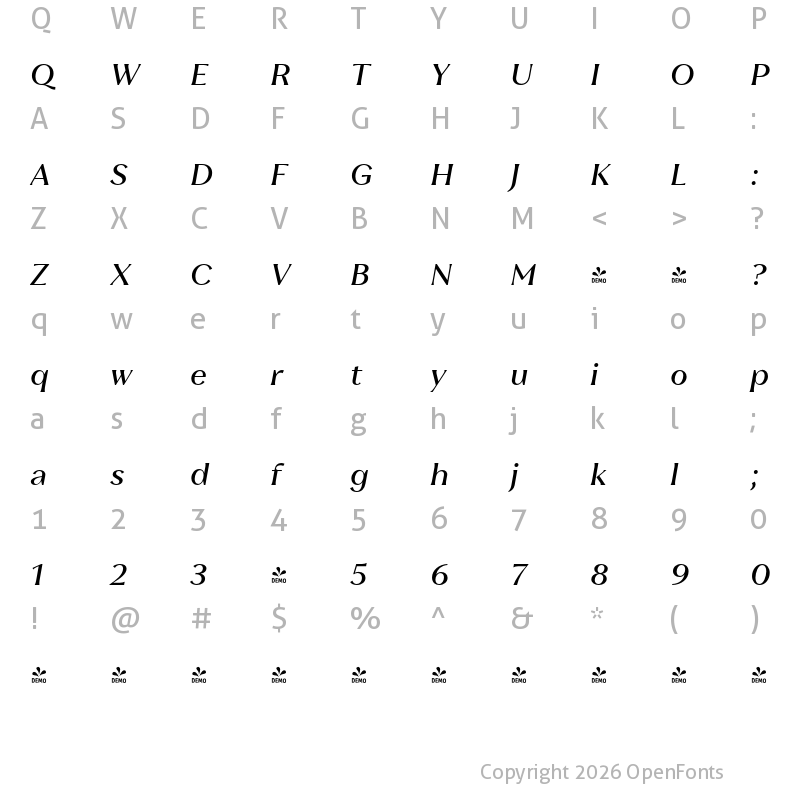 Character Map of FONTSPRING DEMO - Leifa Medium Italic Regular