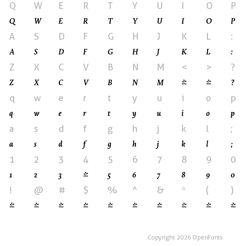 Character Map of FONTSPRING DEMO - Lemon Serif Bold Italic