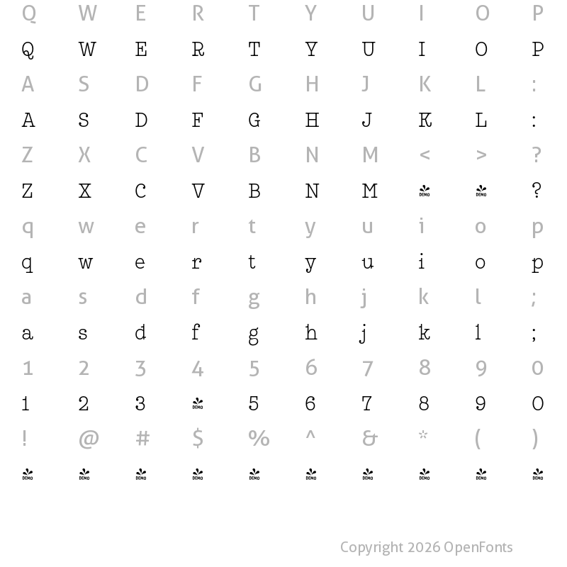 Character Map of FONTSPRING DEMO - Leto Slab Condensed ExtraLight