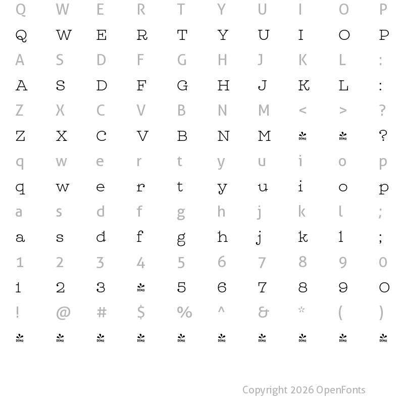 Character Map of FONTSPRING DEMO - Leto Slab ExtraLight
