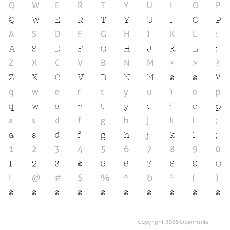 Character Map of FONTSPRING DEMO - Leto Slab Narrow Thin