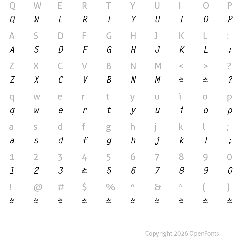 Character Map of FONTSPRING DEMO - Letter Gothic FS Bold Italic
