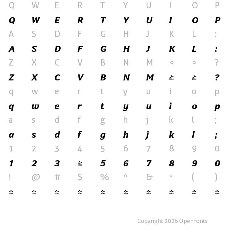 Character Map of FONTSPRING DEMO - Levnam Extra Bold Italic