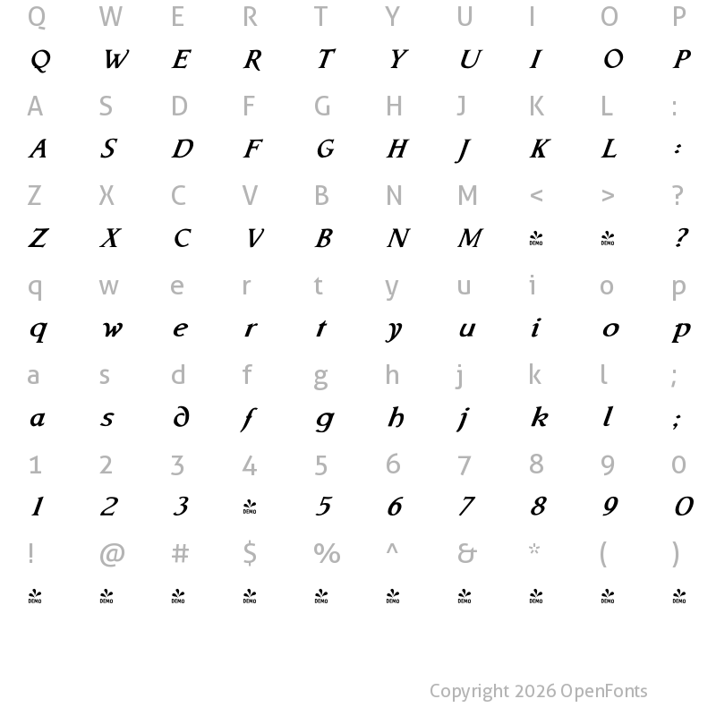 Character Map of FONTSPRING DEMO - Librum Bold Italic