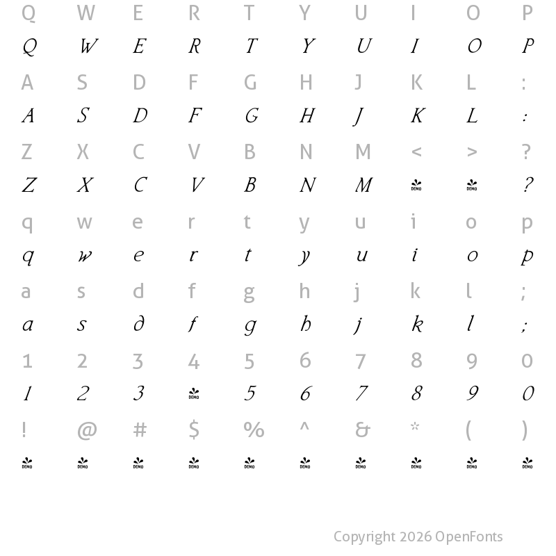 Character Map of FONTSPRING DEMO - Librum Italic