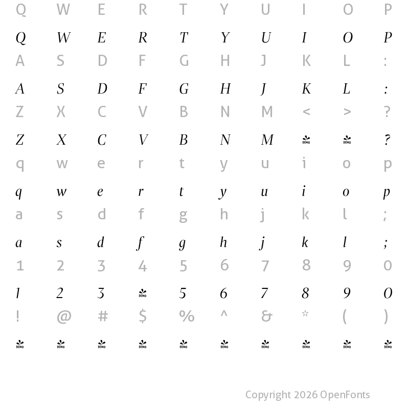 Character Map of FONTSPRING DEMO - Liet Display Italic