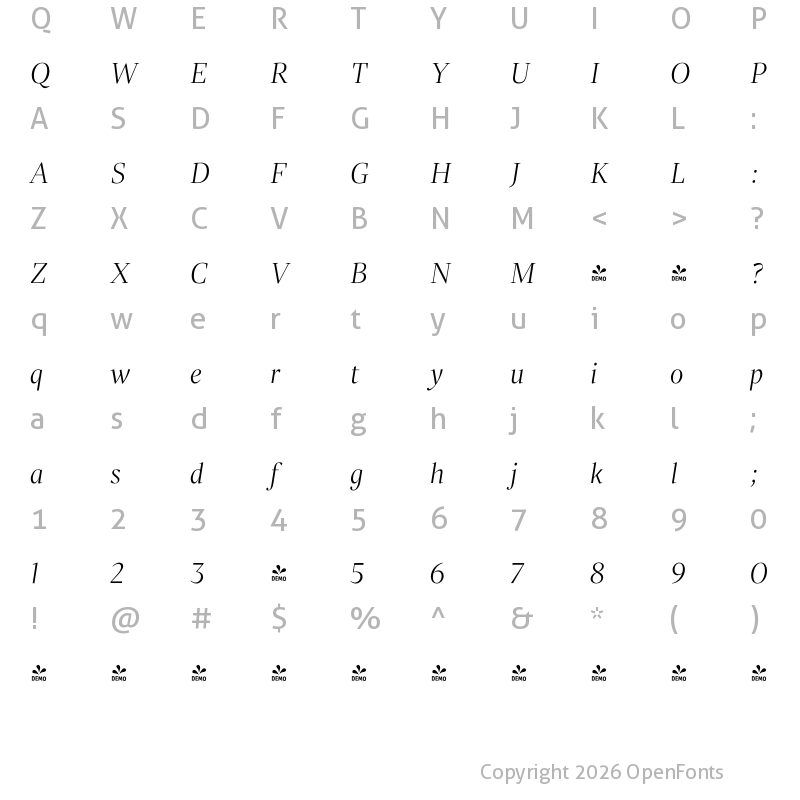 Character Map of FONTSPRING DEMO - Liet Display Light Italic