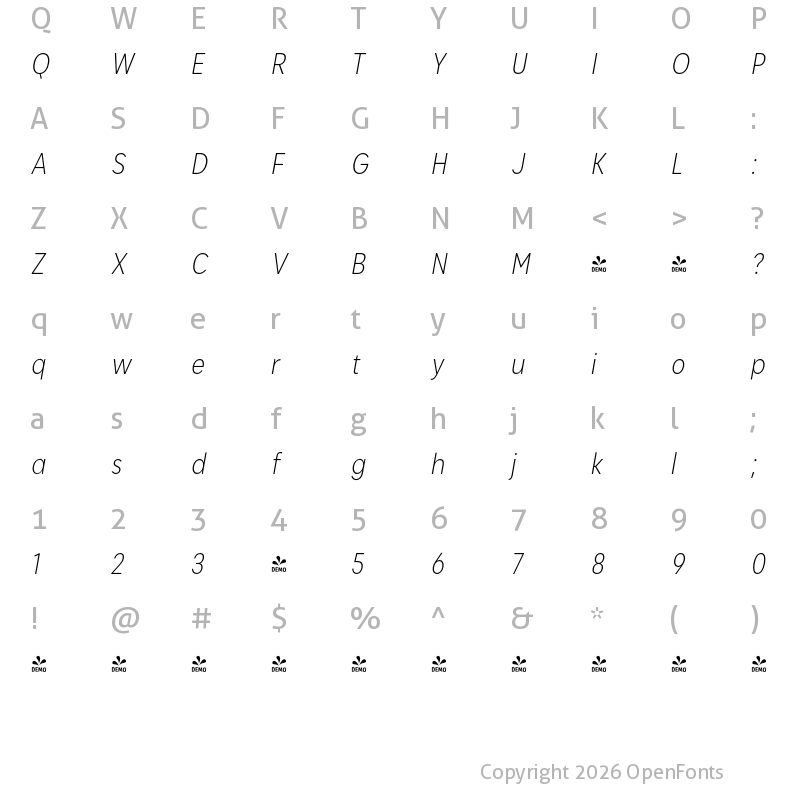 Character Map of FONTSPRING DEMO - Light Cn It Italic