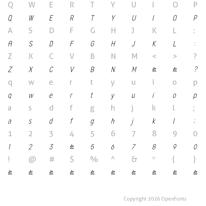 Character Map of FONTSPRING DEMO - Light Cond Italic