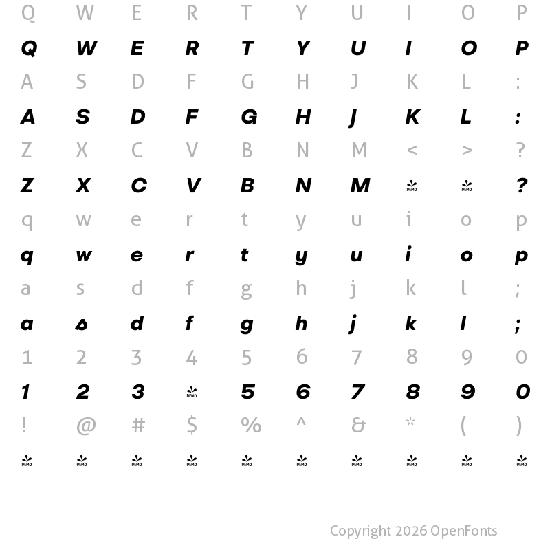 Character Map of FONTSPRING DEMO - Liliana Black Italic