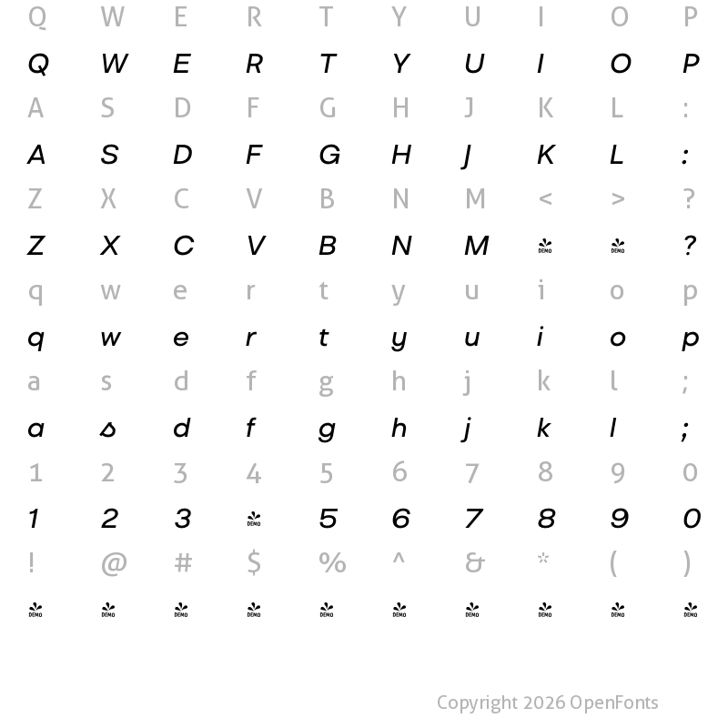 Character Map of FONTSPRING DEMO - Liliana SemiBold Italic