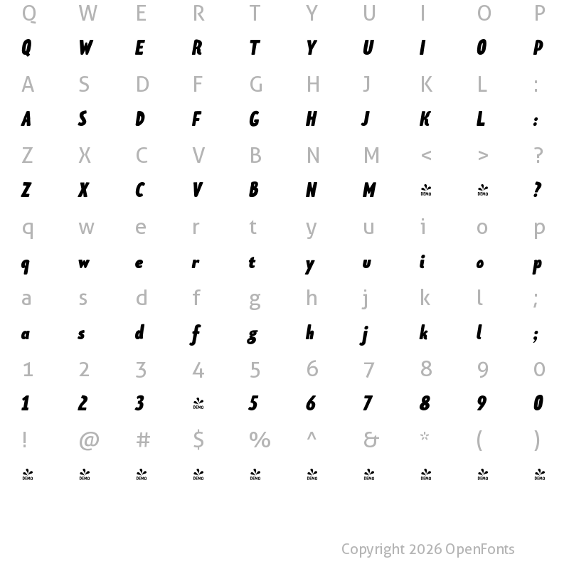 Character Map of FONTSPRING DEMO - Limes Sans Black Italic