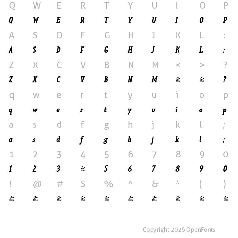 Character Map of FONTSPRING DEMO - Limes Slab Bold Italic