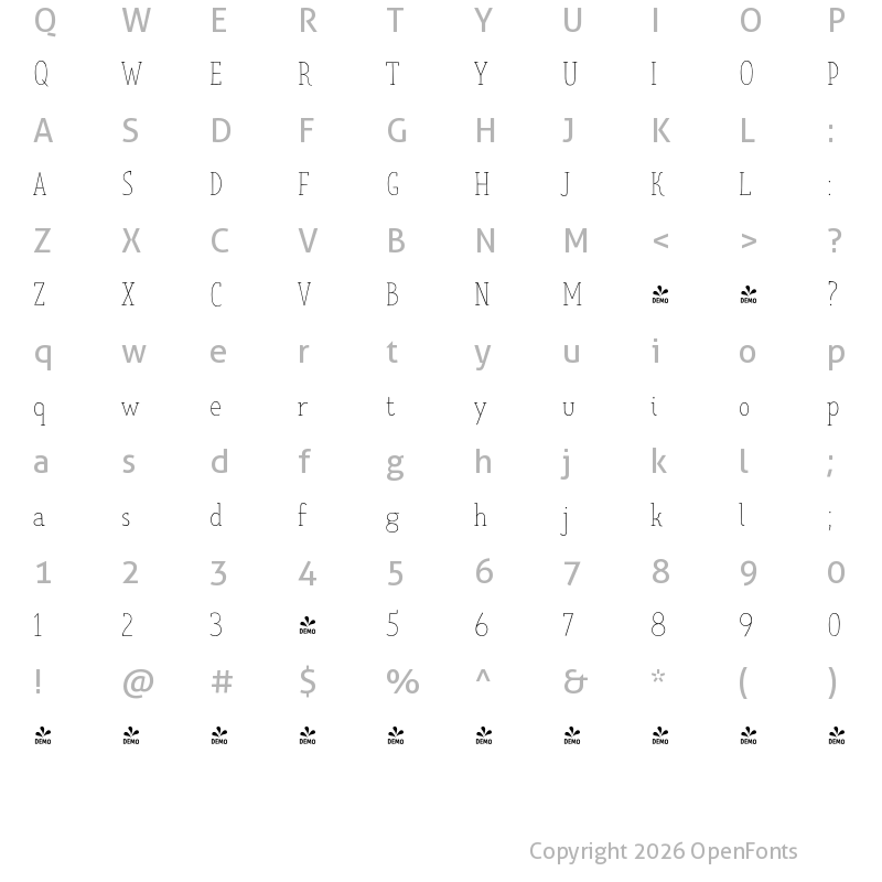 Character Map of FONTSPRING DEMO - Limes Slab Thin Regular
