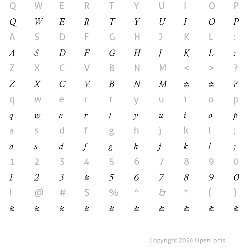 Character Map of FONTSPRING DEMO - Liminal UltraLight Italic