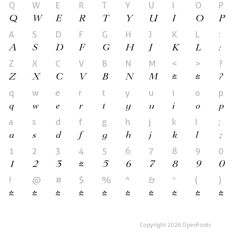 Character Map of FONTSPRING DEMO - Lingwood Serial Italic