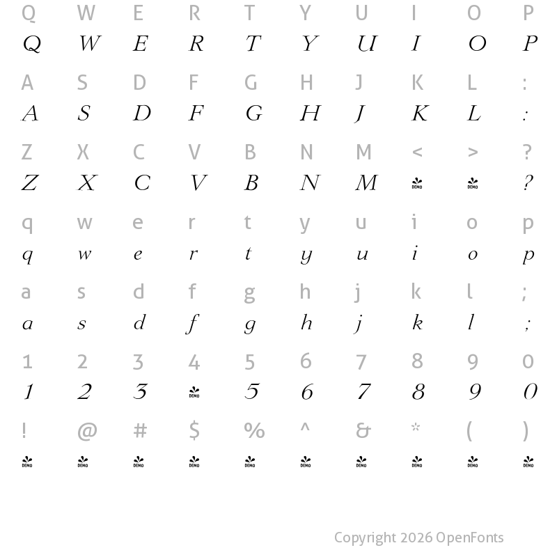 Character Map of FONTSPRING DEMO - Lingwood Serial Light Italic